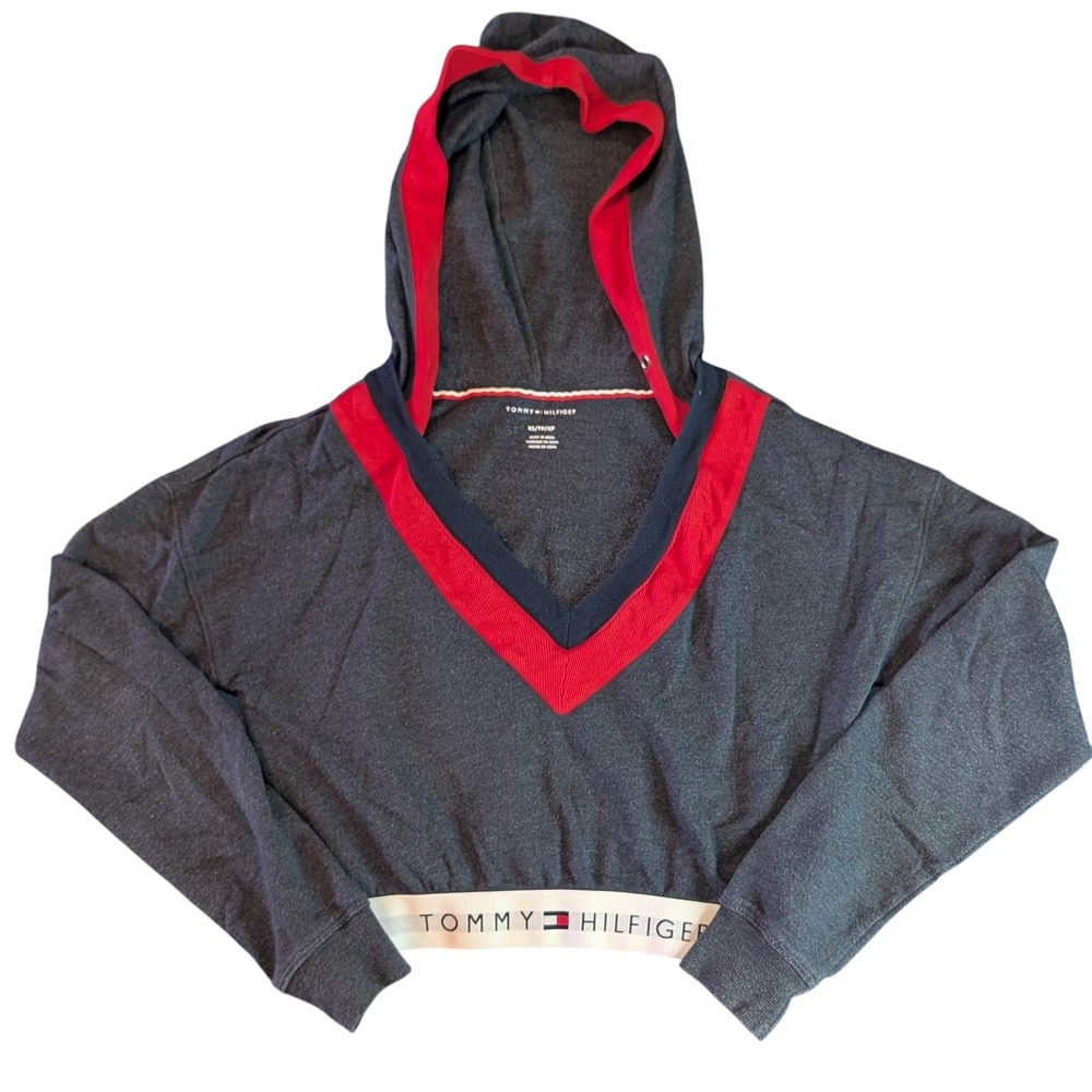 Tommy Hilfiger Womens Cropped Hoodie V-Neck Logo Waistband Grey XS